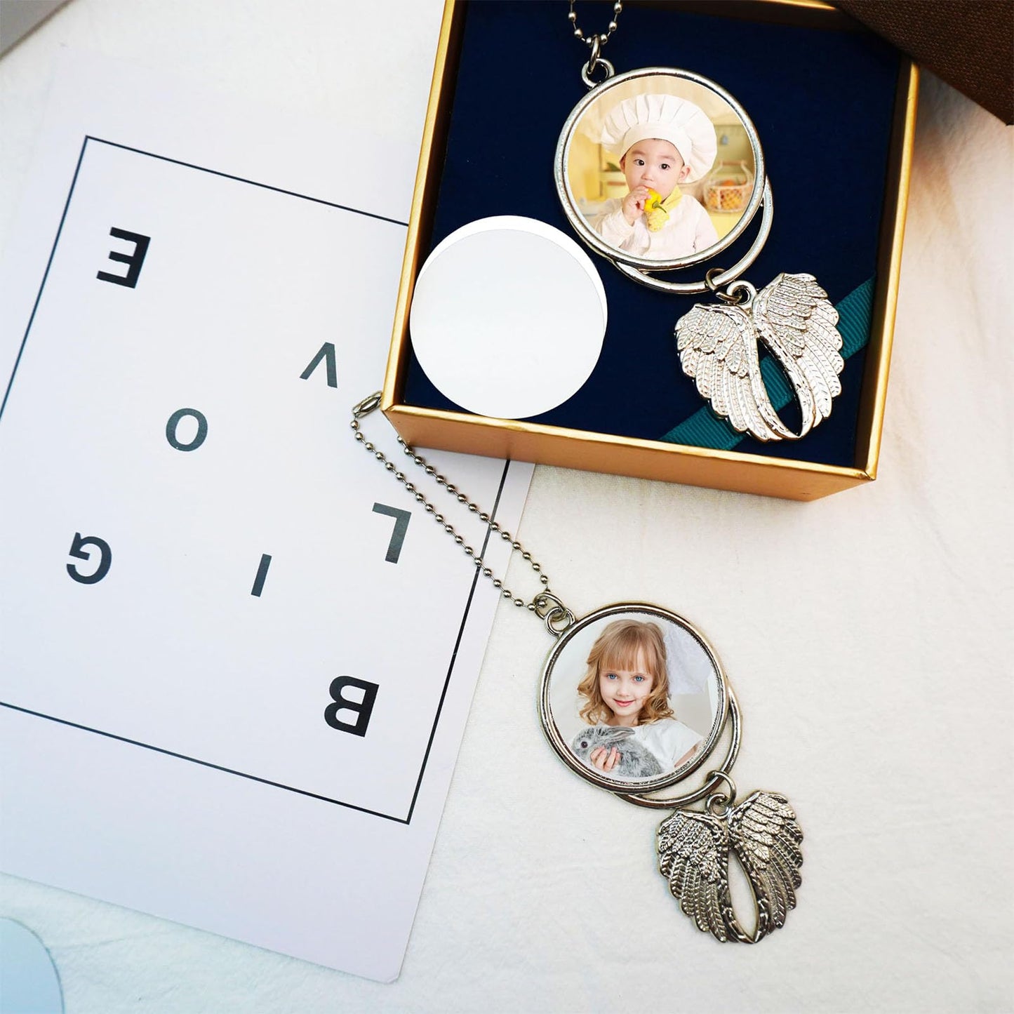 8 Set Silver Angel Wing Sublimation Blank Car Hanging Ornament Charms Heat Transfer Blank Photo Frame Pendants Customize Keychain for Automobile Rearview Mirror Home Window Ornaments