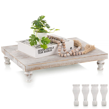 Hanobe Wooden Riser Decorative Tray: Farmhouse Wood Pedestal Display Stand Rustic Whitewashed Tray Riser Centerpiece for Coffee Bar Kitchen Dining Room Home Table Decor, Short & Tall Footed Hanobe