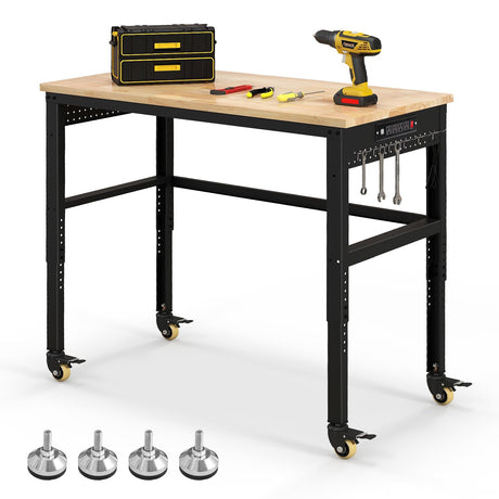 Goplus Work Bench with Power Outlet, 48” Adjustable Oak Wood Work Table w/Universal Lockable Wheels & Non-slipping Footpads, 1760LBS Capacity, Heavy Duty Steel Workbench for Garage Workshop Home Goplus