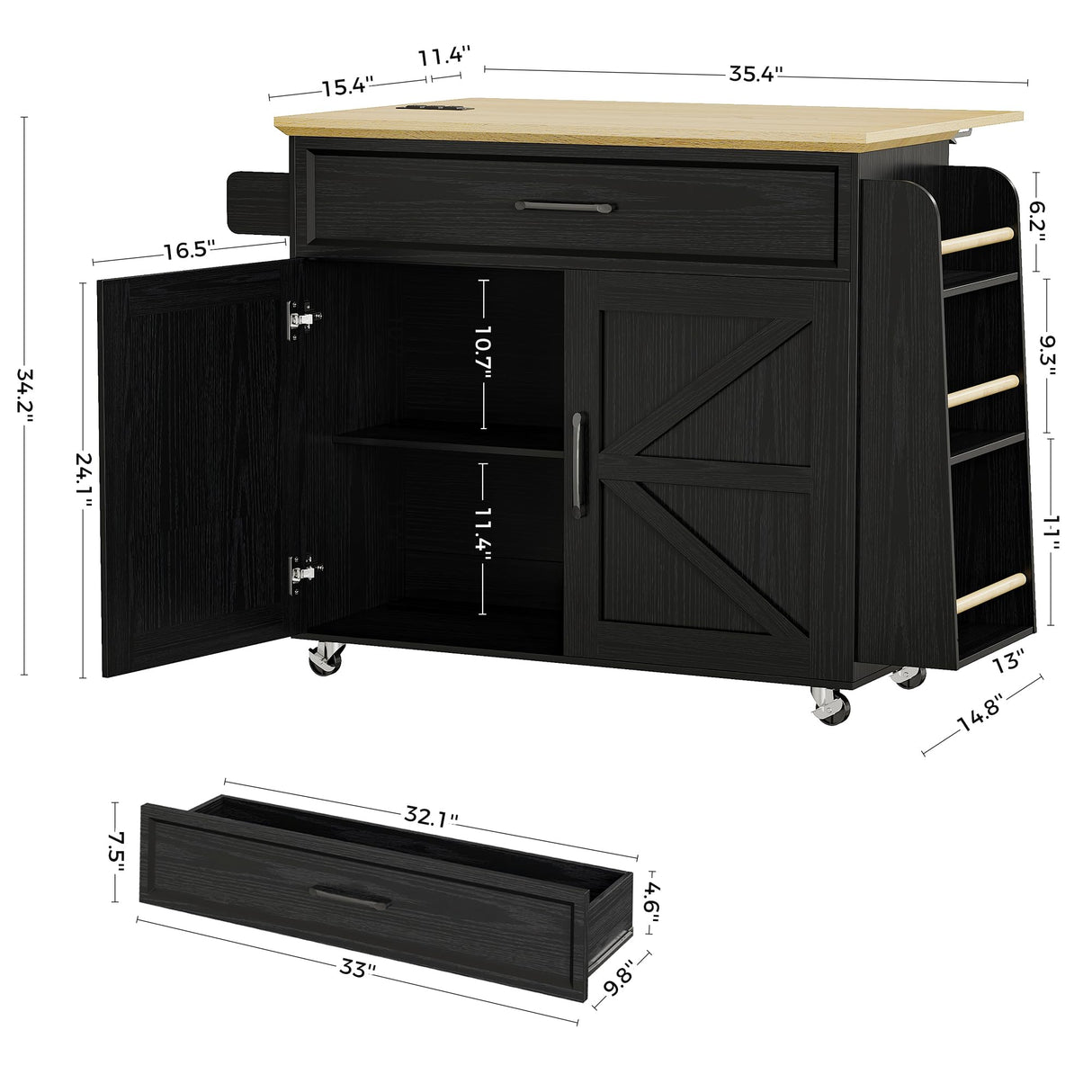 IRONCK Kitchen Island Cart with Storage, Rolling Kitchen Table with Power Outlet, Storage Cabinets on Wheels with Drop Leaf, Portable for Dining Room, Black IRONCK