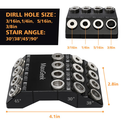 MaxxGeek Drill Guide for 30 38 45 90 Degree Angled and Straight Holes, Added 38 Degree Portable Drill Guide for Deck Stair Handrail and Horizontal Cable Wood Post （Without Drill Bit） - WoodArtSupply