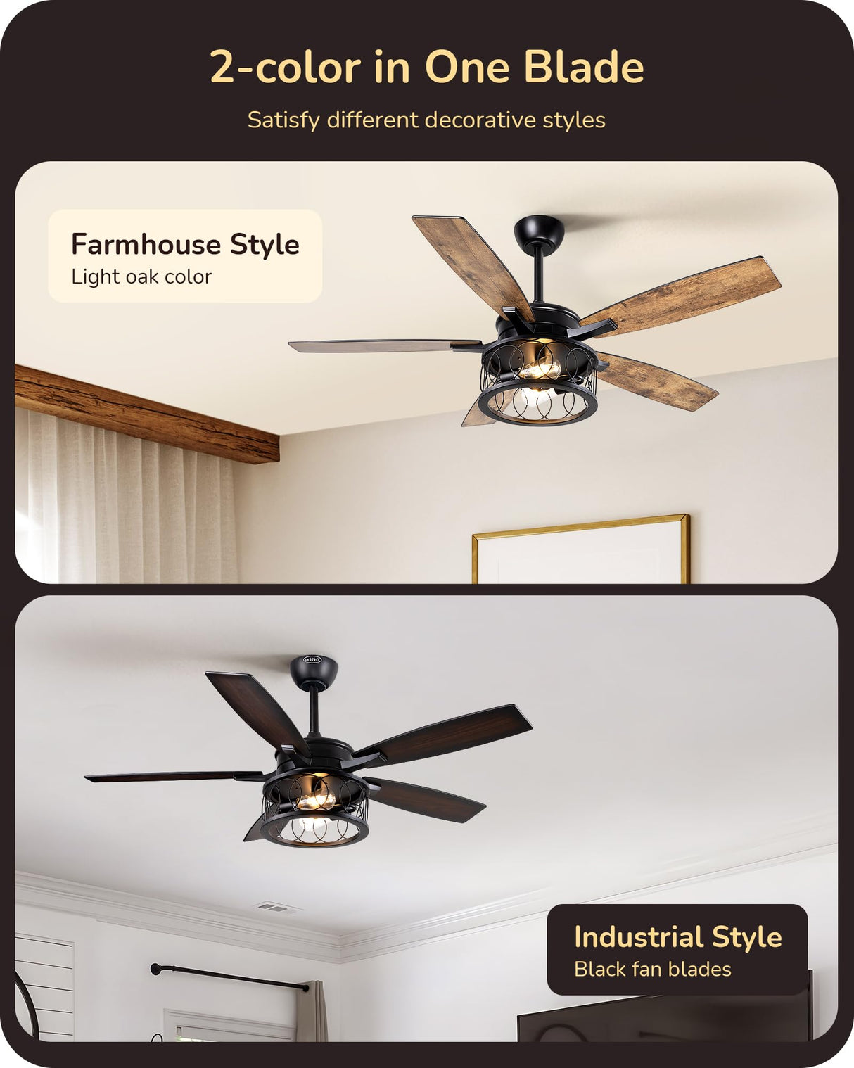 EDISHINE 52 Inch Farmhouse Ceiling Fans with Lights, Rustic Ceiling Fan with Light and Remote, 5 Wooden Blades Lighting & Ceiling Fans with Timer, 6 Speeds Reversible DC Motor for Bedroom Patio Porch EDISHINE
