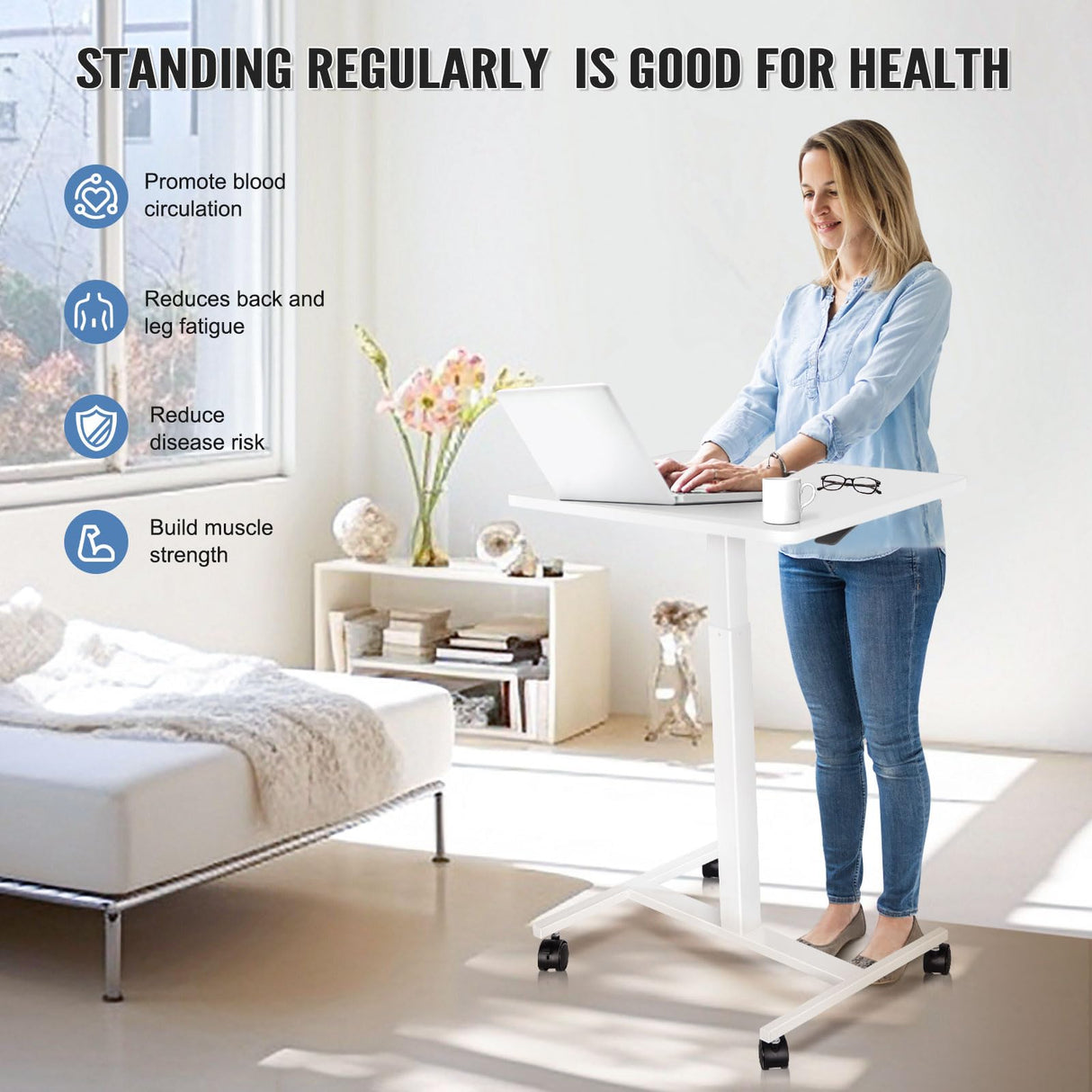 AMUSIGHT Mobile Standing Desk Adjustable Height, Sit Stand Rolling Laptop Desk with Lockable Wheels, Portable Computer Workstation for Home, Office, School (White) AMUSIGHT