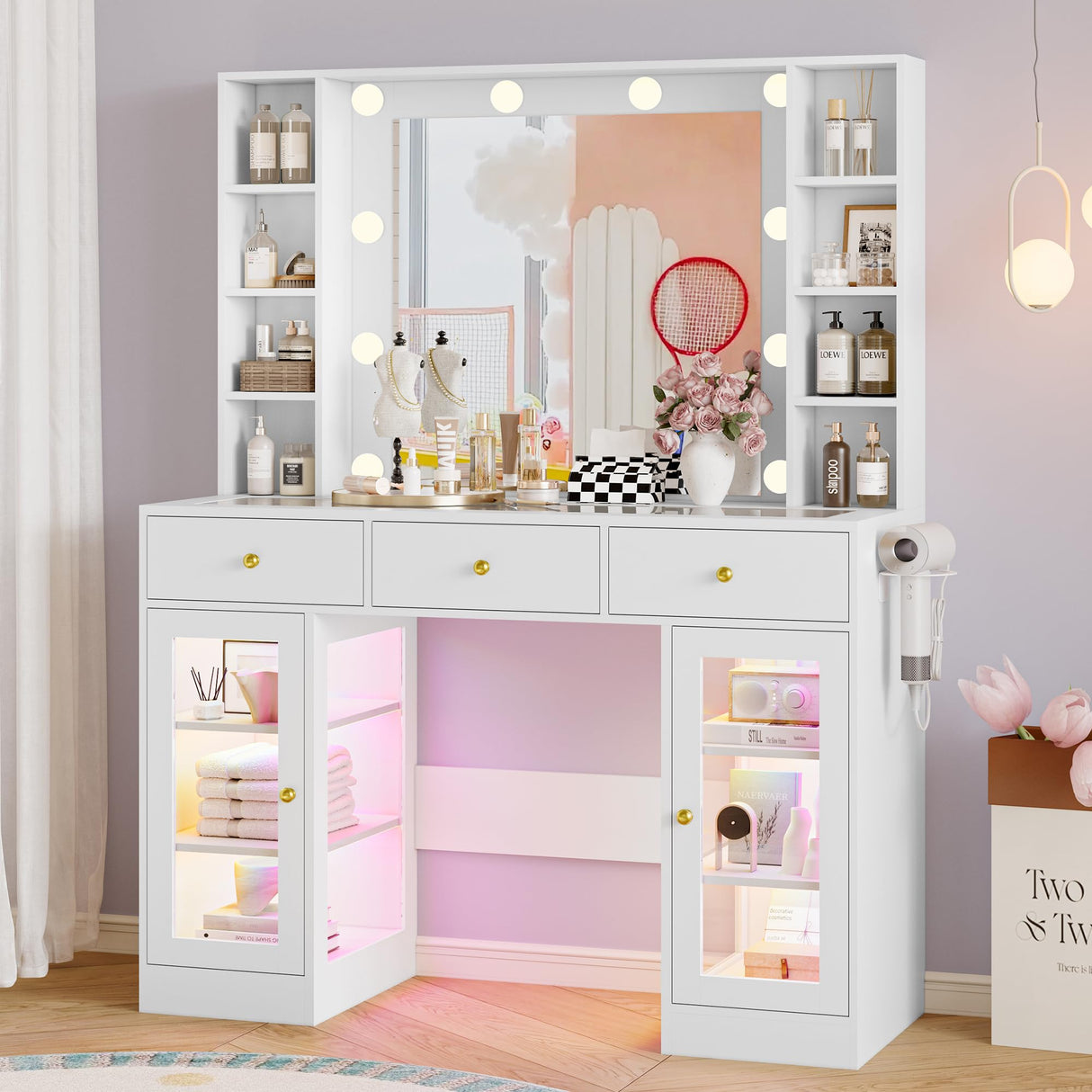 Wodeer Makeup Vanity Desk with Mirror and Lights, White Vanity with Glass Top, LED Lights & Power Outlet, 3 Drawers & 2 RGB Glass Cabinets, Adjustable Lighted Dressing Table for Women & Girls Bedroom Wodeer
