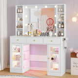 Wodeer Makeup Vanity Desk with Mirror and Lights, White Vanity with Glass Top, LED Lights & Power Outlet, 3 Drawers & 2 RGB Glass Cabinets, Adjustable Lighted Dressing Table for Women & Girls Bedroom Wodeer