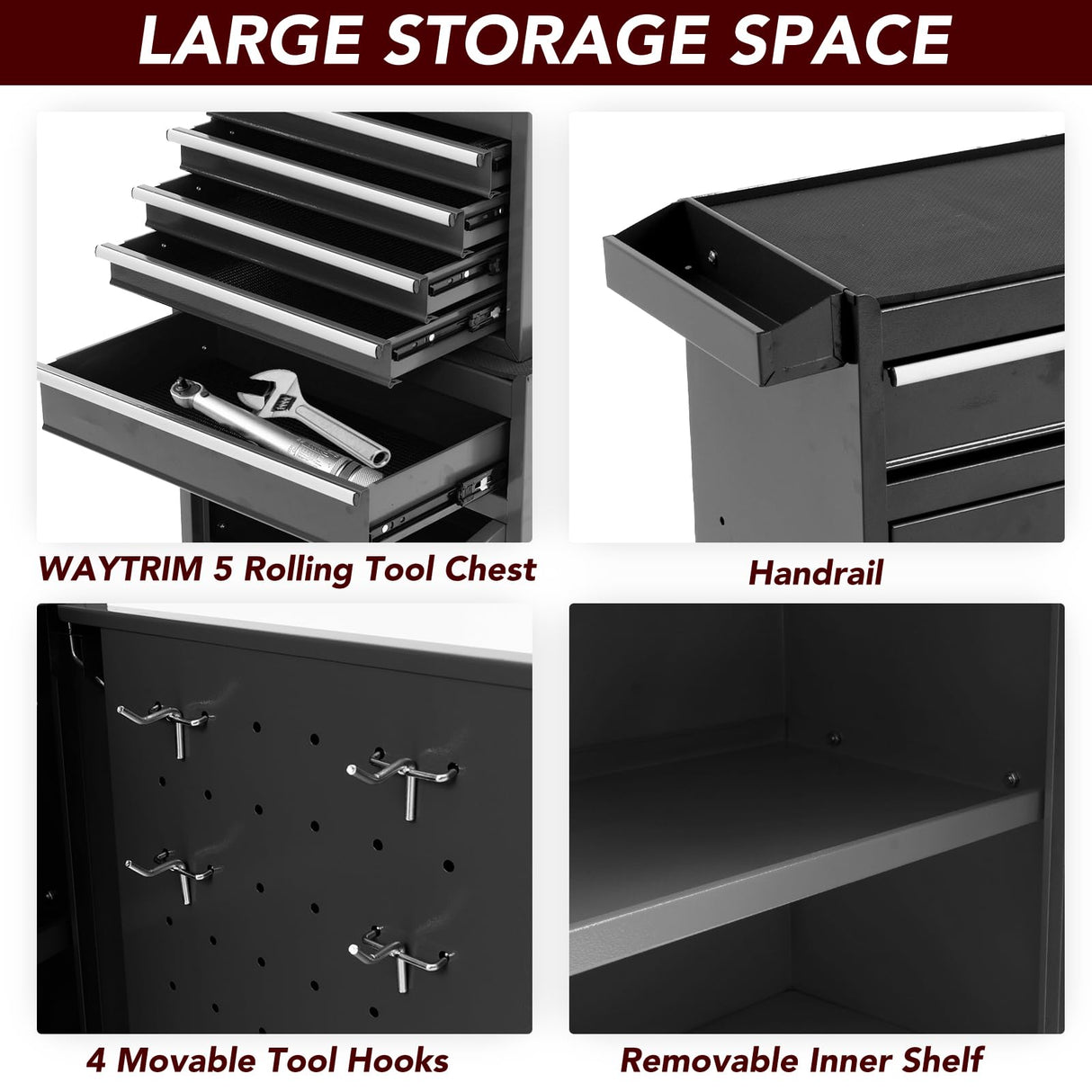 WAYTRIM 5-Drawer Rolling Tool Chest, Removable Tool Cabinet Box with Wheels and Drawers, Tool Cabinet Storage Box, Adjustable Shelf, Portable with Wheels and Lock for Warehouse, Repair Shop (Black) WAYTRIM