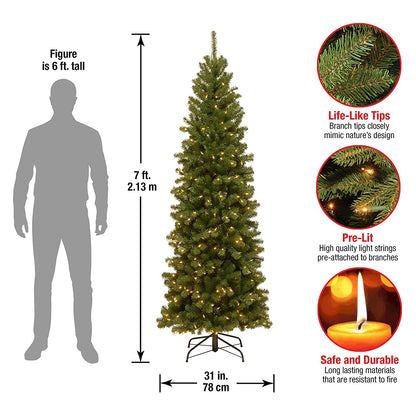 National Tree Company Pre-Lit Artificial Slim Christmas Tree, Green, North Valley Spruce, White Lights, Includes Stand, 7 Feet