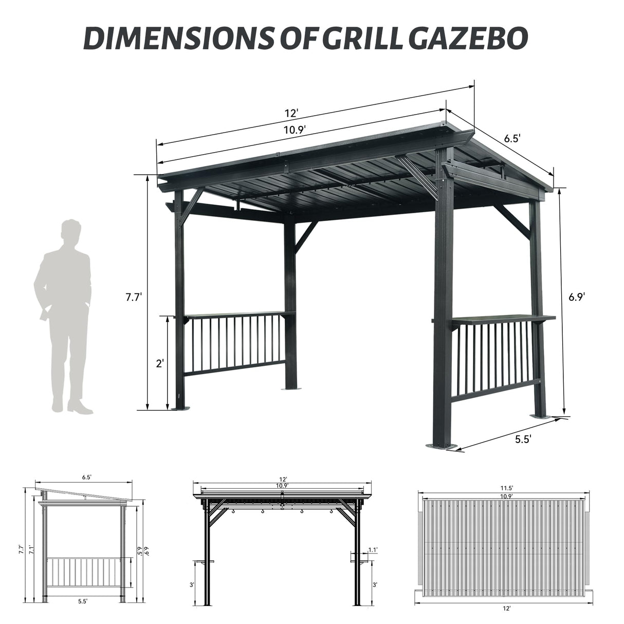 Domi 6.5x12FT Hardtop Grill Gazebo, Outdoor BBQ Gazebo with 2 Side Shelves and Ceiling Hook, Outdoor Grill Canopy with Galvanized Steel Slope Roof for Patio Lawn Backyard Deck, Grey domi outdoor living