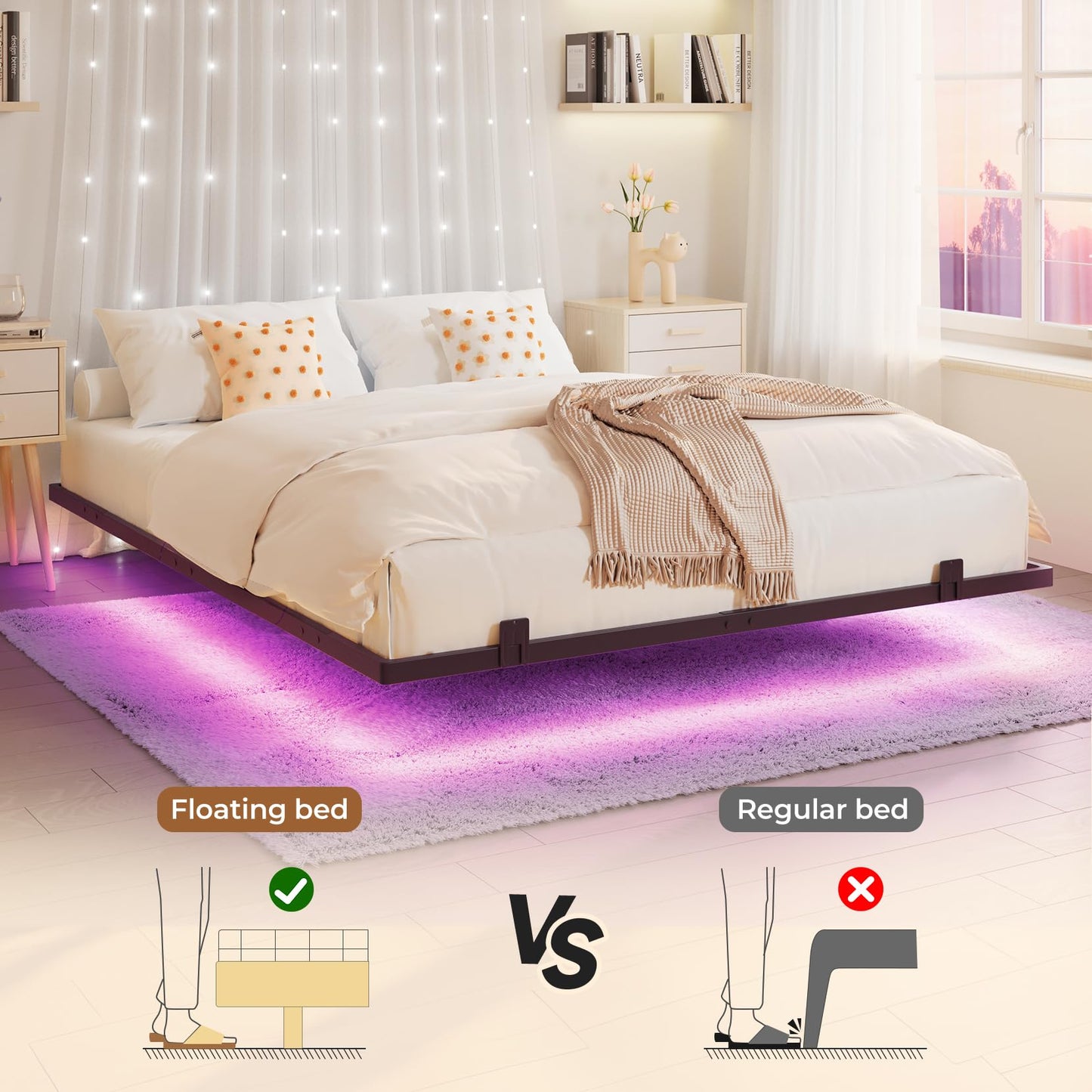 Koorlian Queen Size Floating Bed Frame with RGB LED Lights and Anti-Slip Mattress Stoppers - WoodArtSupply