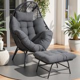 IRONCK Wicker Outdoor Egg Chair with Ottoman, Patio Lounge Chair with Footrest, Thickened Padded Cushion and Headrest, Egg Seat for Patio, Living Room, Garden, Balcony, Dark Gray IRONCK