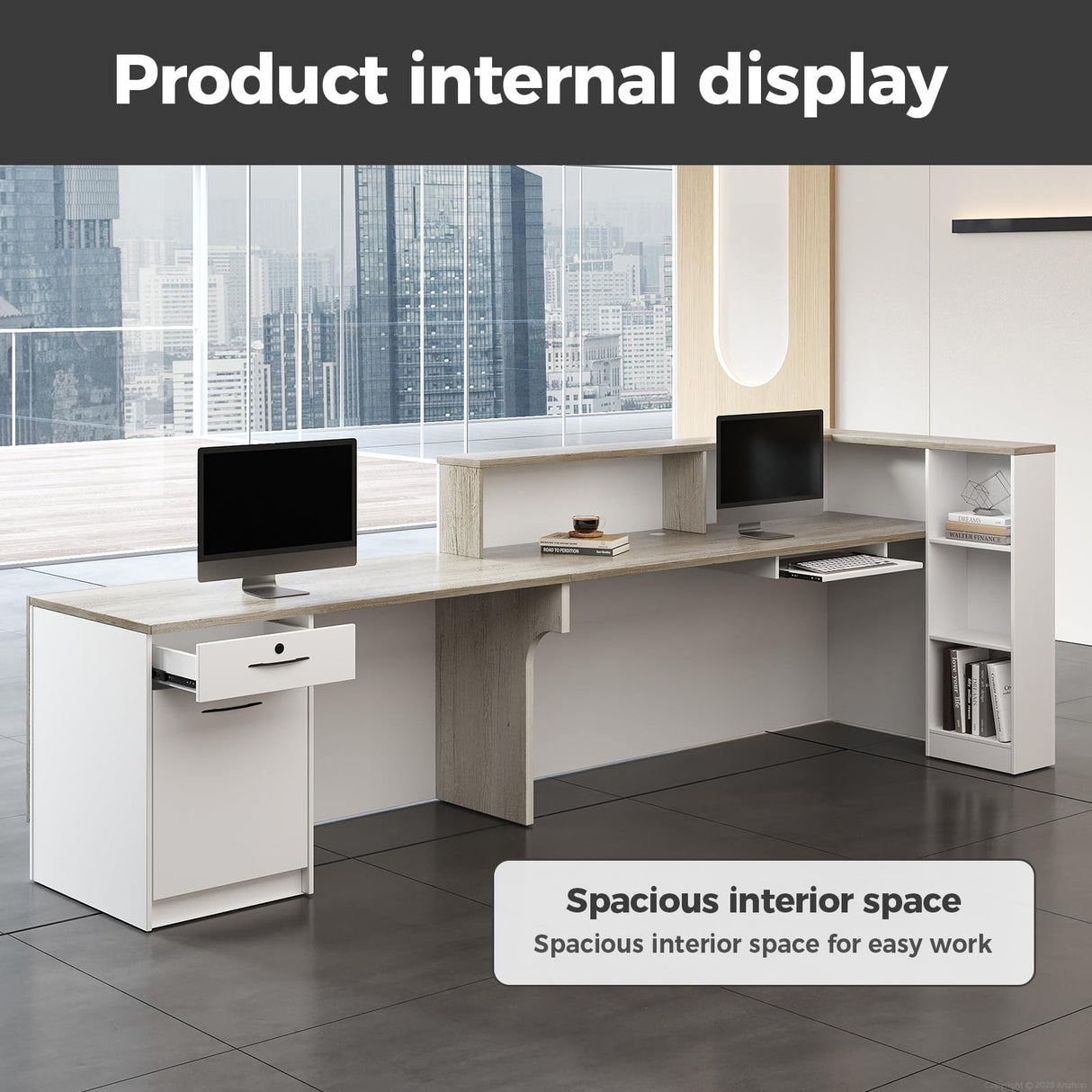 Anzhap L-Shaped Reception Desk with Counter, Modern Front Desk Checkout Counter with Drawer, Storage Cabinet, Keyboard Tray for Office, Salon, Lobby (Oak + Warm White/Right, 110" L*24" W*41" H) Anzhap