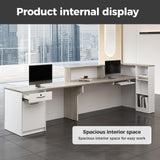 Anzhap L-Shaped Reception Desk with Counter, Modern Front Desk Checkout Counter with Drawer, Storage Cabinet, Keyboard Tray for Office, Salon, Lobby (Oak + Warm White/Right, 110" L*24" W*41" H) Anzhap