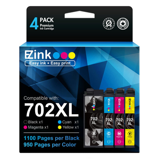 E-Z Ink Remanufactured Ink Cartridge Replacement for Epson 702XL Combo Pack T702XL 702 T702 to use with Workforce Pro WF-3720 WF-3730 WF-3733 Printer (1 Black, 1 Cyan, 1 Magenta, 1 Yellow, 4 Pack)