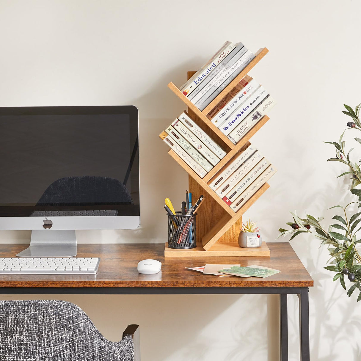 YMYNY 4 Tier Tree Bookshelf, Small Bookcase, Modern Wood Book Storage Rack, Freestanding Book Shelf for Books/Movies/CDs, Narrow Display Rack for Living Room, Home Office, Natural UHBC014N YMYNY