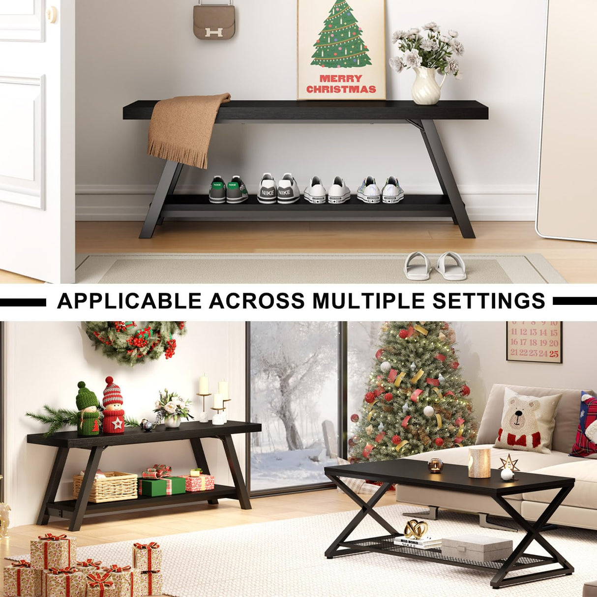 LVB Black Bench, Modern Storage Bench for Bedroom, Wood Metal Entryway Bench for Hallway Dining Living Room, Famrhouse Shoe Rack Indoor Accent Seating Bench for Foyer Entrance, Black Oak, 47 Inch Long LVB