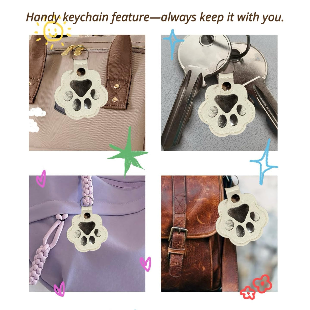 3PCS Cats & Dogs Pet Paw Print Keychain – White Leather Memorial Keychain Holds Pet Fur, Pet Lover Gift (2.36” x 2.17”) (White) Tileafry