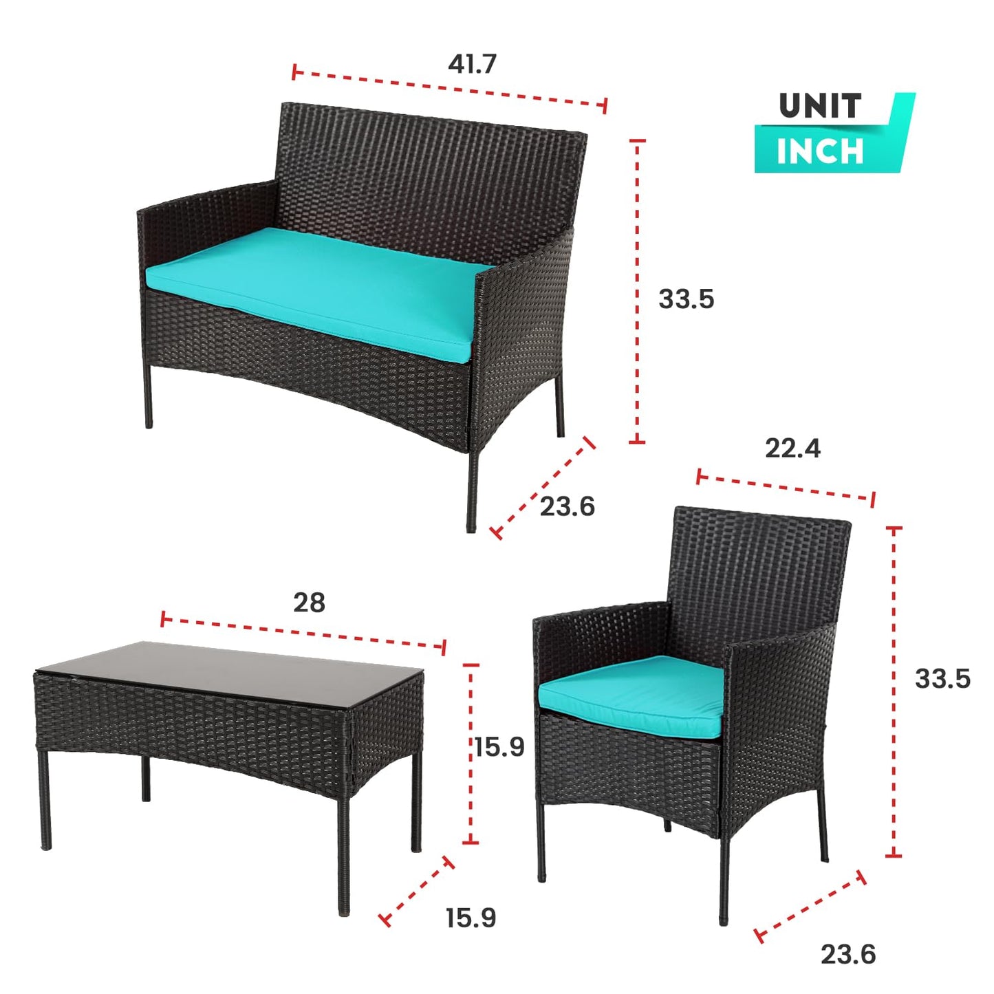 4 Pieces Conversation Set Modular Outdoor Furniture Set Water Resistant Patio Wicker Furniture Set with 3 Rattan Chairs 1 Tempered Glass Topped Table Seat Cushions for Patio Balcony Poolside, Blue