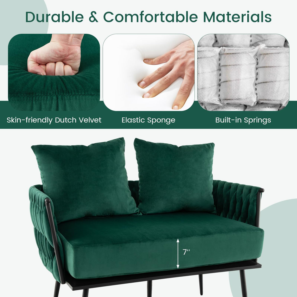 Giantex Loveseat Sofa, Upholstered 2 Seat Sofa Couch with Dutch Velvet, Woven Back and Arms, 2 Pillows, Removable Padded Cushion, 5 Solid Metal Legs, for Living Room Apartment Reception Room (Green) Giantex