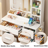 OTOQS Vanity Desk with Mirror and Lights, 4 Drawers & Benches Vanity Desk Set, 3 Color Lighting Modes Adjustable Brightness Vanity for Bedroom Makeup Table OTOQS