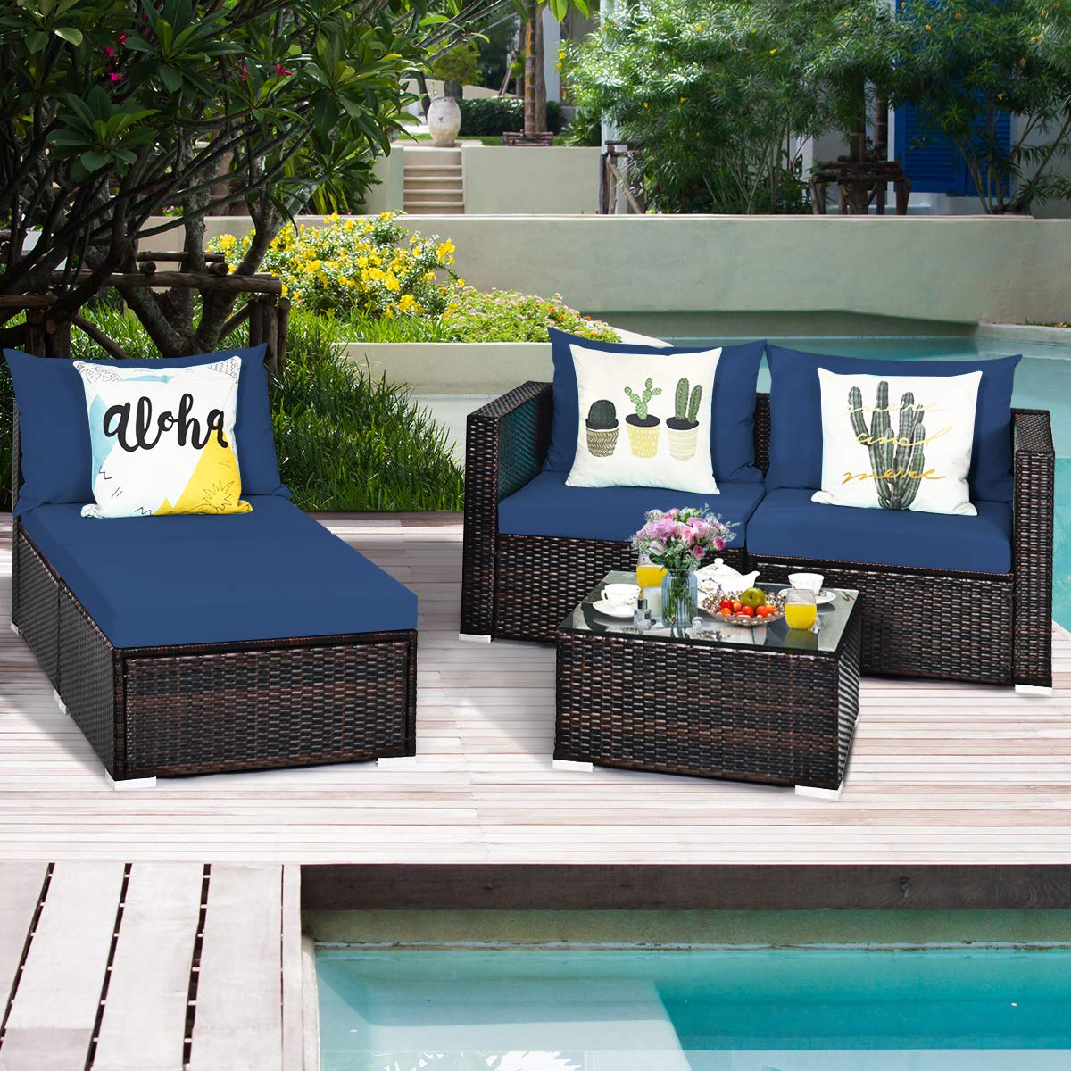 COSTWAY 5PCS Patio Rattan Furniture Set Sectional Conversation Sofa w/Coffee Table Navy - WoodArtSupply