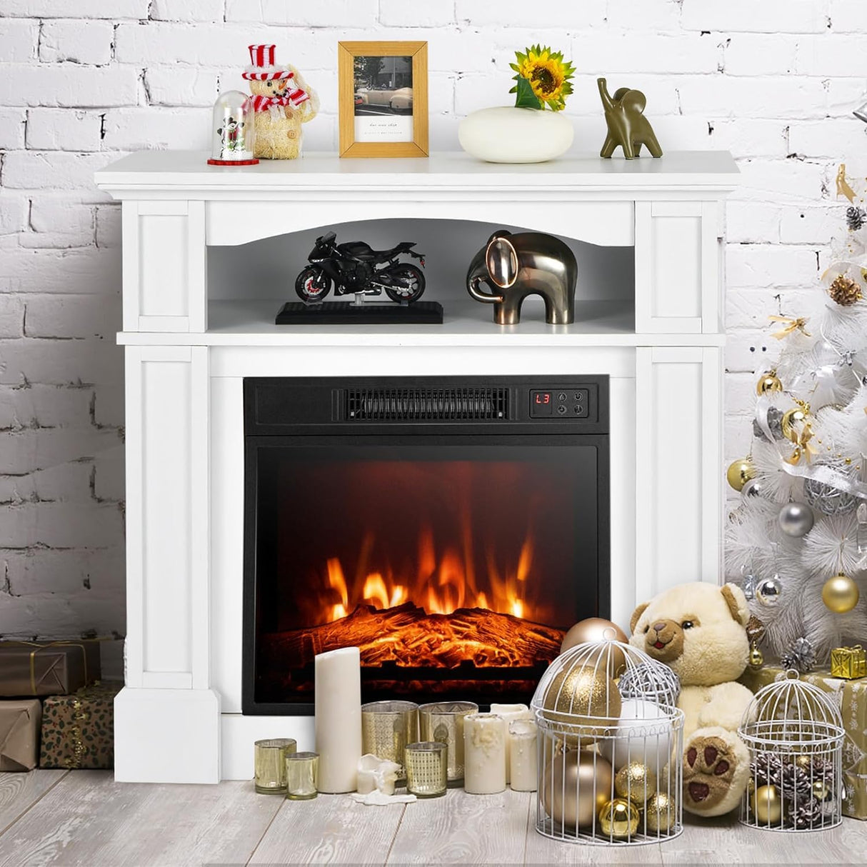 OFFICEJOY Electric Fireplace with Mantel, 32’’ Freestanding Fireplace Realistic Flame with Thermostat, 3 Brightness & Remote Control, Electric Fireplace Heater with Temperature Control & Timer (White) OFFICEJOY
