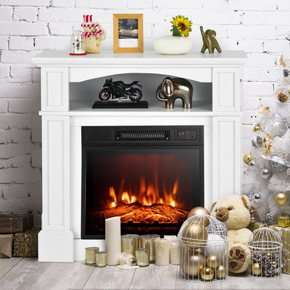 OFFICEJOY Electric Fireplace with Mantel, 32’’ Freestanding Fireplace Realistic Flame with Thermostat, 3 Brightness & Remote Control, Electric Fireplace Heater with Temperature Control & Timer (White)