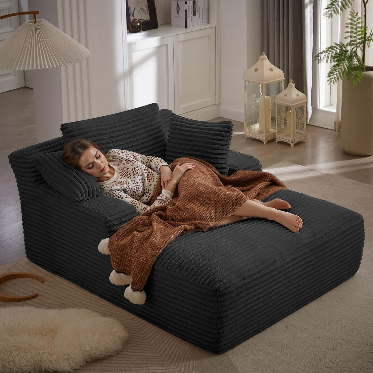 67 Inch Oversized Chaise Lounge Chair Indoor, Corduroy Upholstered Boneless Sofa Bed, Deep Seat Sleeper Couch Reading Chairs, Cloud Sofas Couches for Living Room, No Assembly Required (Black) HANXIN