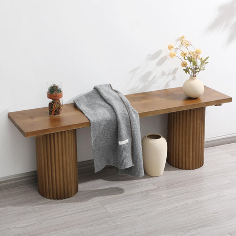 WINWY Fluted Wood Bench, 51" Farmhouse Solid Wood Bench Seat for Entryway, Dining Room, Indoors and Outdoors, Rounded Leg, Easy Assembly, Natural WINWY