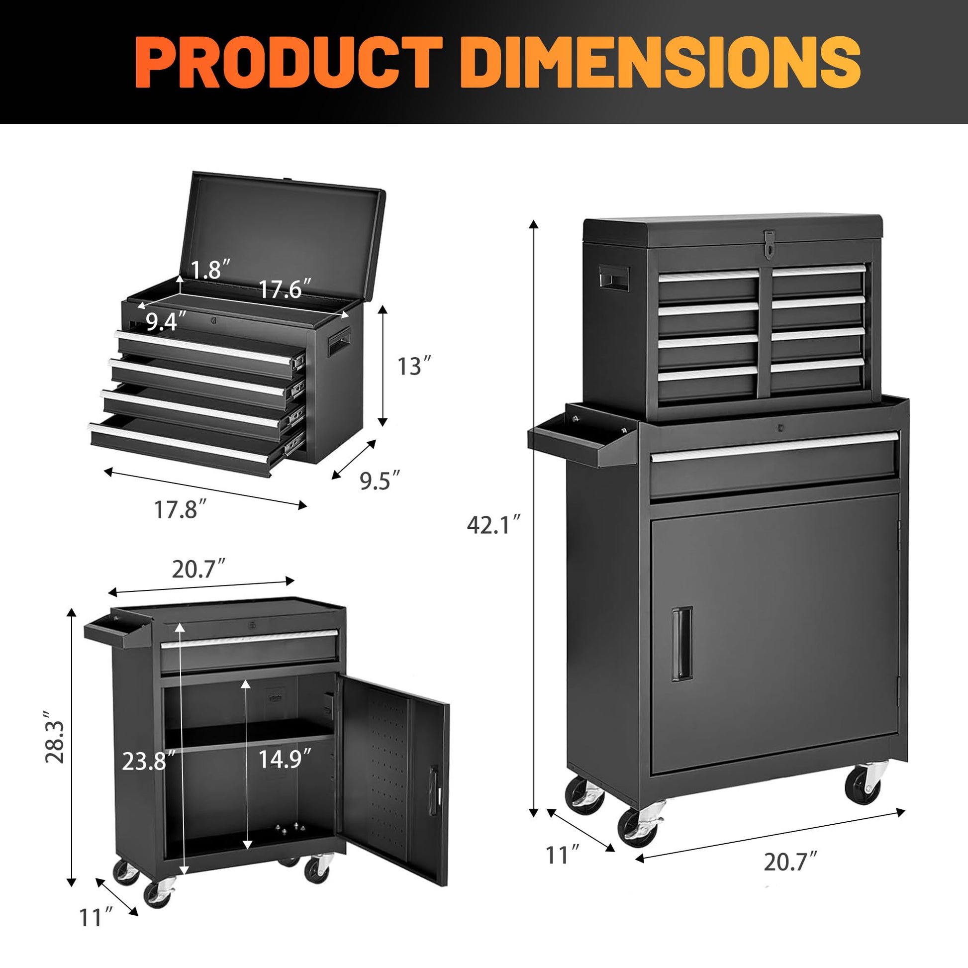 Tool Chest, 5-Drawer Rolling Tool Storage Cabinet with Detachable Top Tool Box, Liner, Universal Lockable Wheels, Adjustable Shelf, Locking Mechanism, Metal Tool Cart for Garage Workshop (Bla - WoodArtSupply