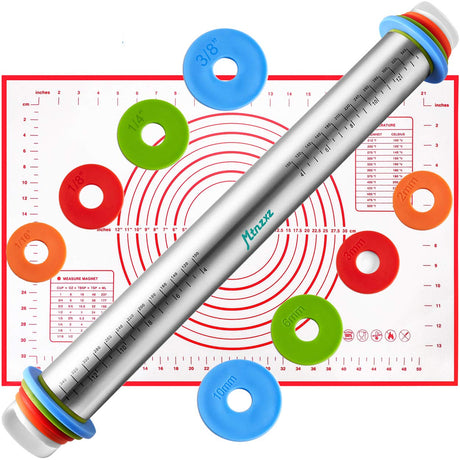 Rolling Pin and Silicone Baking Pastry Mat Set, Stainless Steel Dough Roller with Adjustable Thickness Rings, for Pizza, Pie, Pastries, Pasta, Cookies MTNZXZ
