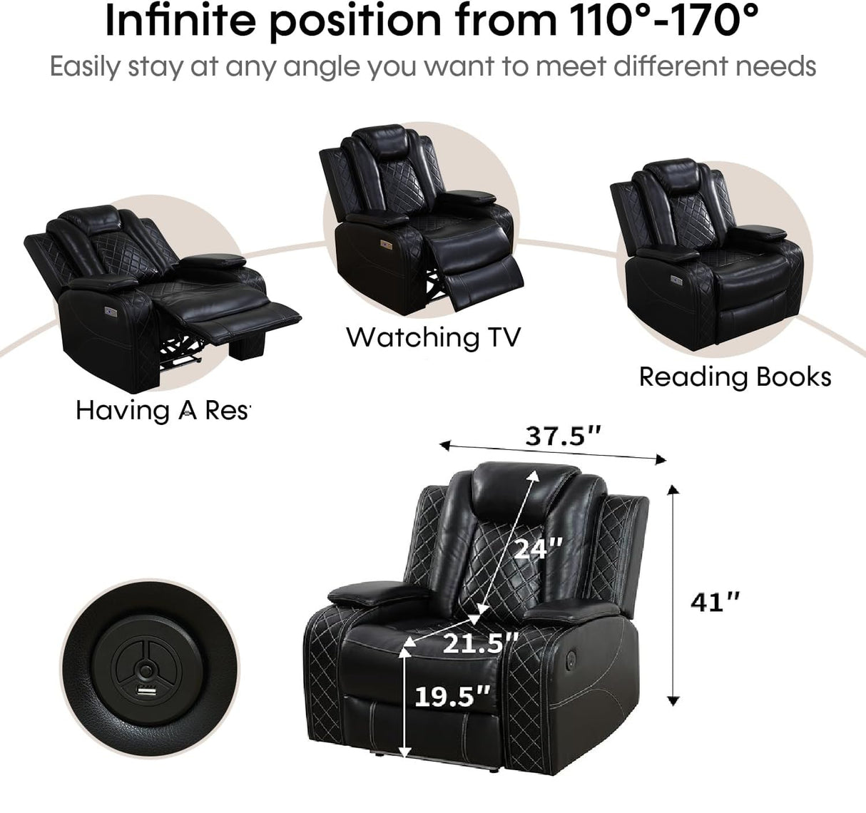 Power Recliner Sofa Sectional Sofa with LED Light for Living Room, Air Leather Reclining Corner Sectional Sofa Set, Cup Holder, Storage Console for Home Theater Seating (Black, Sectional+Chair) AYCP Furniture