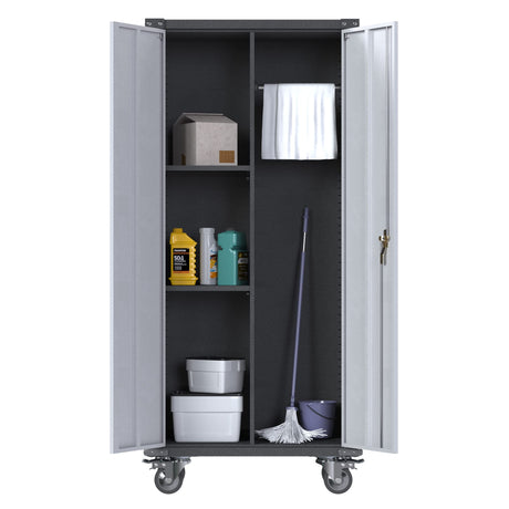 JAORD Metal Garage Storage Cabinet with Hanging Rod, Broom Closet Storage Cabinet, 71" Tall Rolling Tool Storage Cabinet with Locking Doors and Shelves JAORD