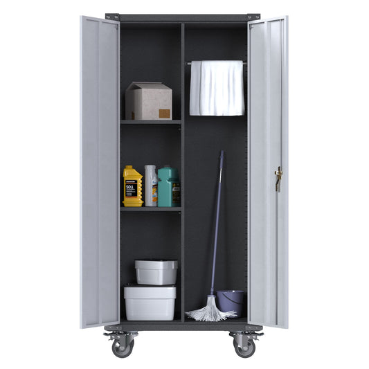 JAORD Metal Garage Storage Cabinet with Hanging Rod, Broom Closet Storage Cabinet, 71" Tall Rolling Tool Storage Cabinet with Locking Doors and Shelves