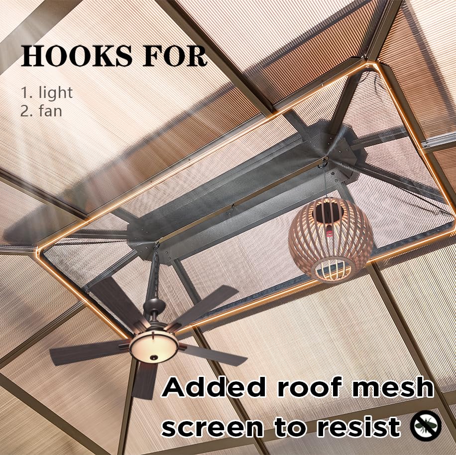 YOLENY 10'x13' Hardtop Gazebo, Outdoor Polycarbonate Double Roof Canopy, Aluminum Frame Permanent Pavilion with Curtains and Netting, Sunshade for Garden, Patio, Lawns YOLENY