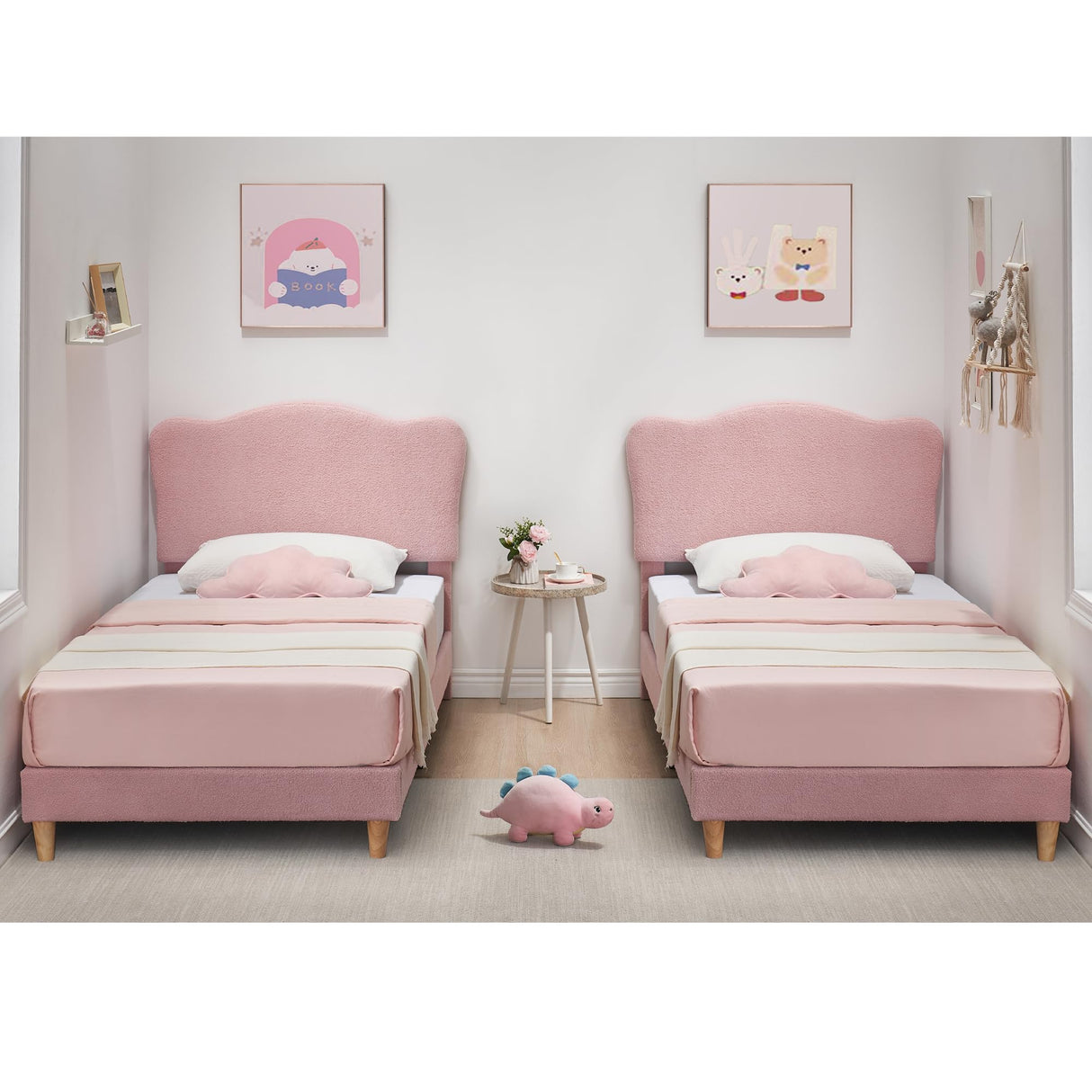 GarveeHome Upholstered Twin Size Bed Frame for Kids with Scallop Headboard, Cute Velvet Twin Bed for Girls, Boys, Sturdy Platform Bed, No Box Spring Needed, Wooden Slats, Noise Free, Pink GarveeHome