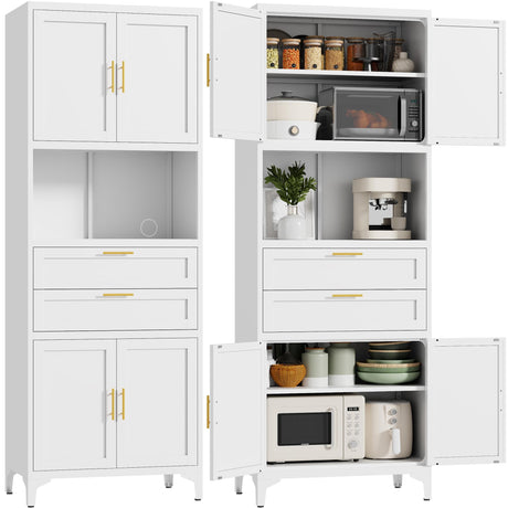 JHYKFG 75" Tall Kitchen Pantry Cabinet,Metal Storage Cabinets with 2 Drawers and Adjustable Shelves,Freestanding Display Cupboard for Dining Room,Living Room,Hallway,Bathroom,White JHYKFG