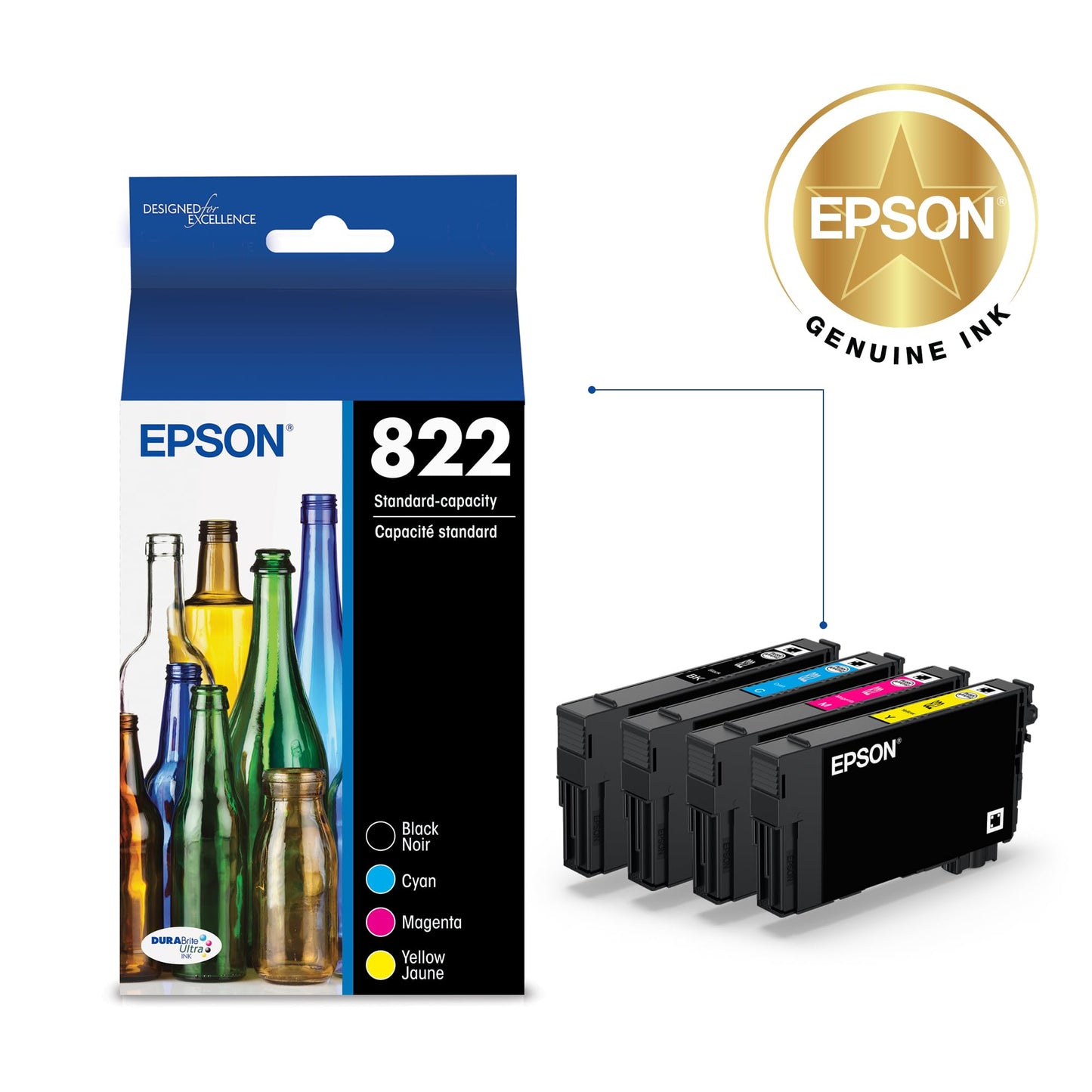 EPSON 822 DURABrite Ultra Ink Standard Capacity Black & Color Cartridge Combo Pack (T822120-BCS) Works with WorkForce Pro WF-3820, WF-3823, WF-4820, WF-4830, WF-4833, WF-4834