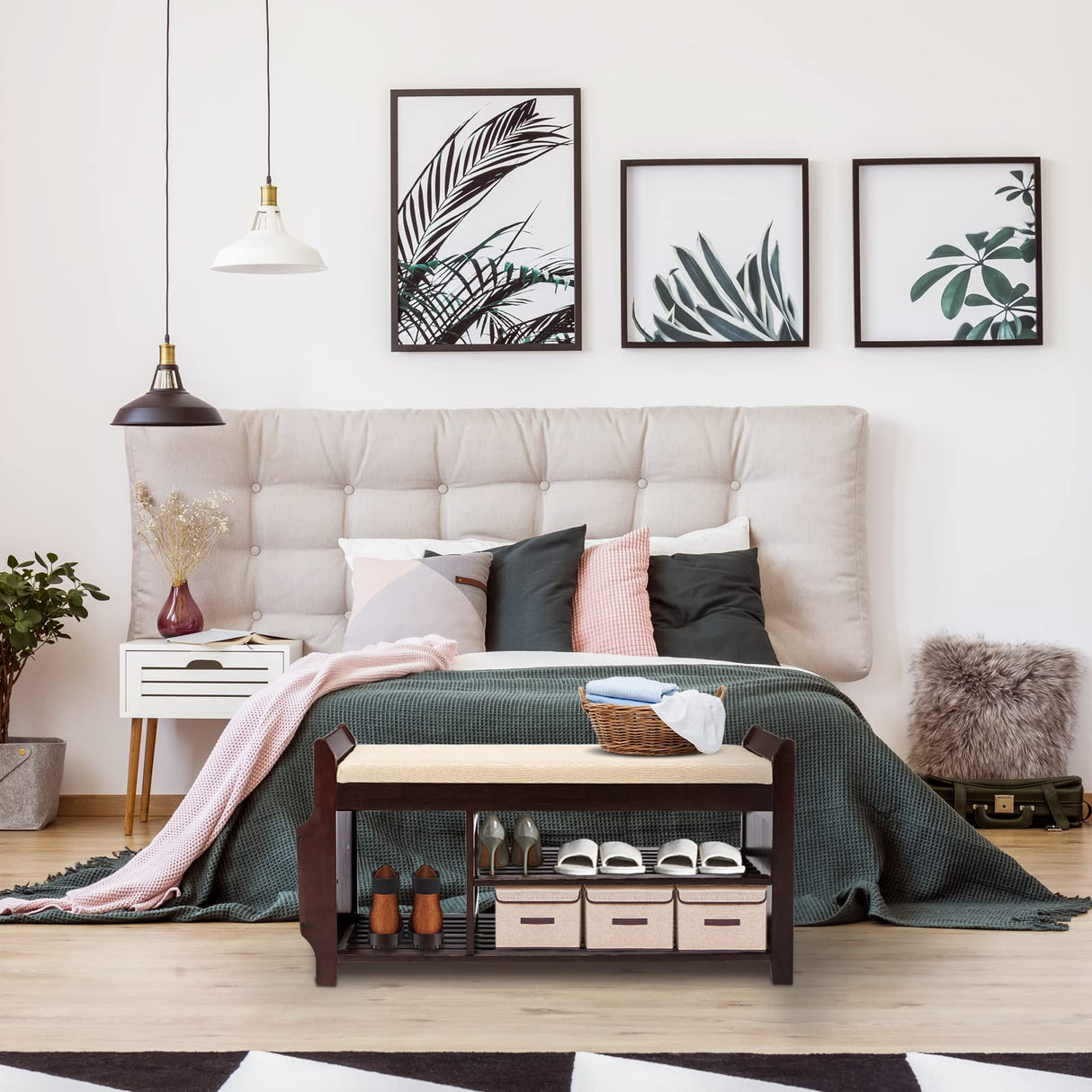 Nnewvante Large Shoe Bench Rack Shoe Organizer with Storage Side Basket Drawer Bamboo Removable Padded Cushion Seat for Entryway Hallway Living Room Bathroom-37.4in Nnewvante