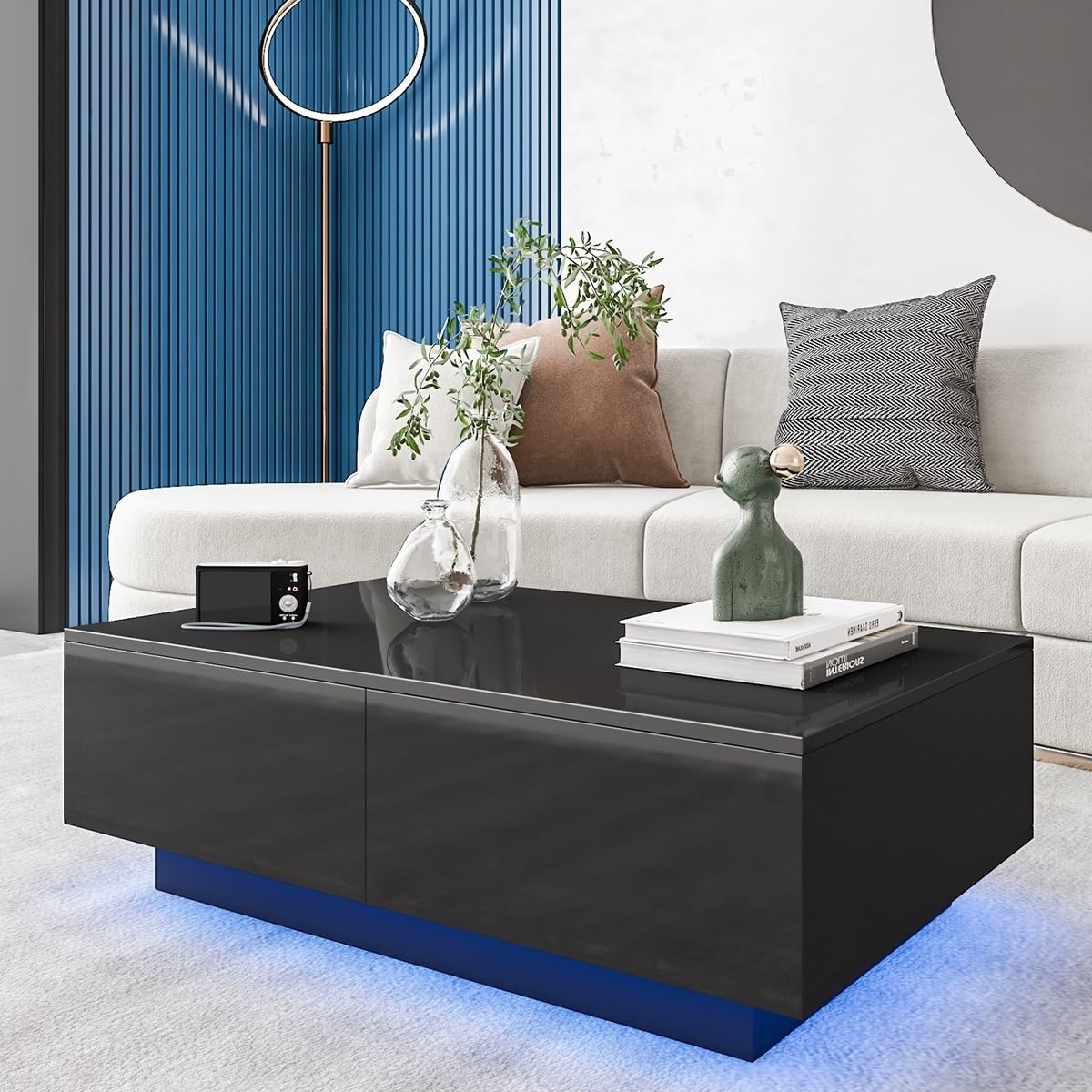 HOMMPA LED Coffee Table for Living Room Black Coffee Table with 4 Drawers High Glossy Center Table with Storage Modern Coffee Table with storage - WoodArtSupply