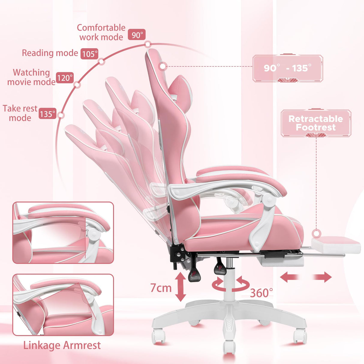 HOFFREE Pink Gaming Chair with Massage for Girls Cute Computer Gamer Chair with Footrest and Lumbar Support Reclining PC Game Chair with Headrest for Gaming Room HOFFREE