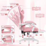 HOFFREE Pink Gaming Chair with Massage for Girls Cute Computer Gamer Chair with Footrest and Lumbar Support Reclining PC Game Chair with Headrest for Gaming Room HOFFREE
