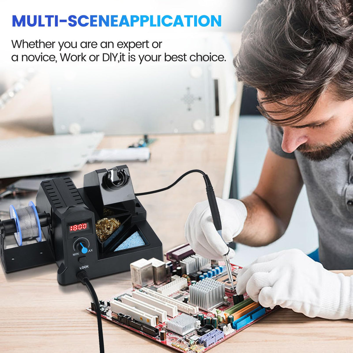 SREMTCH 100W Digital Display Soldering Iron Station Kit, 12-in-1 Soldering Station with 5 Iron Tips, Solder Paster, Lead-Free Solder, Solder Sucker, S/S Tweezers, Auto Sleep 180°C to 480°C Temperature SREMTCH