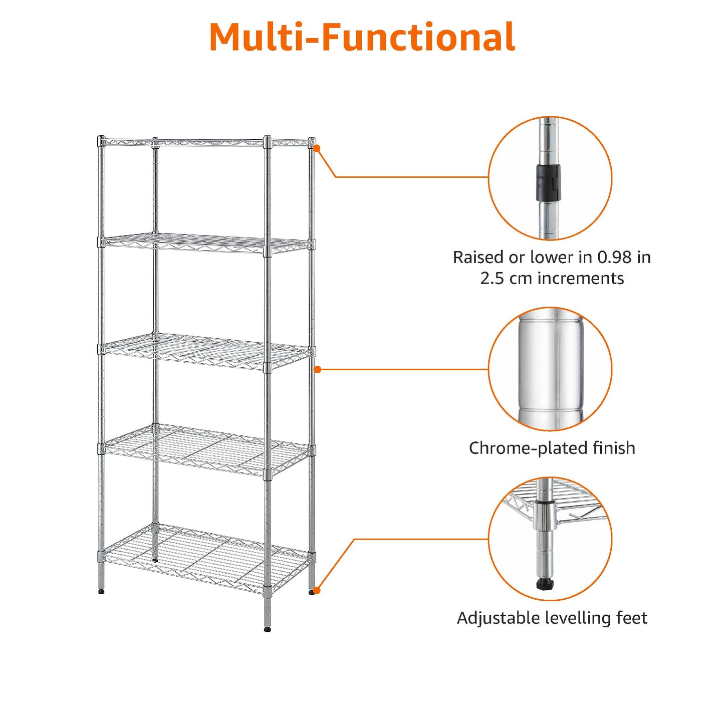 Amazon Basics 5-Shelf Adjustable, Storage Shelving Unit, (200 Pound Loading Capacity per Shelf), Steel Organizer Wire Rack, 23.2 x 13.4 x 60 inches (LxWxH), Chrome