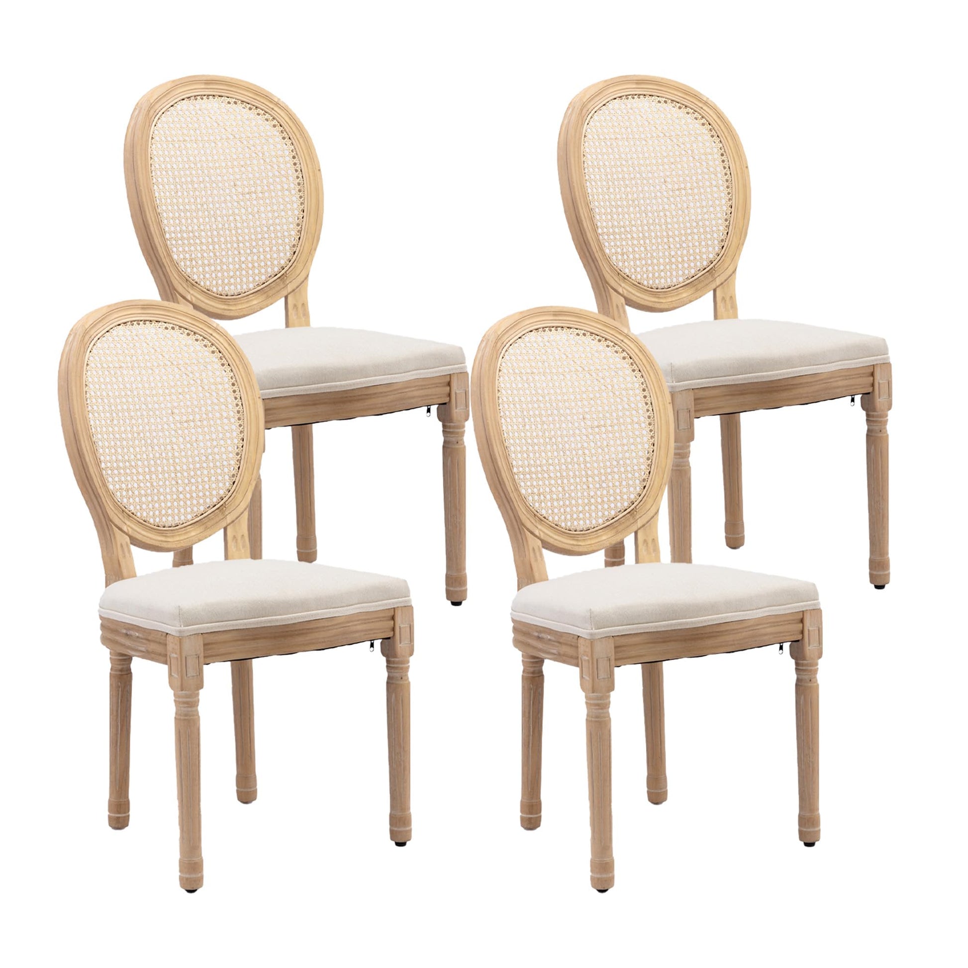 HMFULE French Country Dining Chairs Set of 4, Rattan Dining Chair with Linen Fabric and Carved Solid Wood Frame Farmhouse Dining Room Chairs for Living Room, Kitchen, Restaurant Rattan Beige - WoodArtSupply