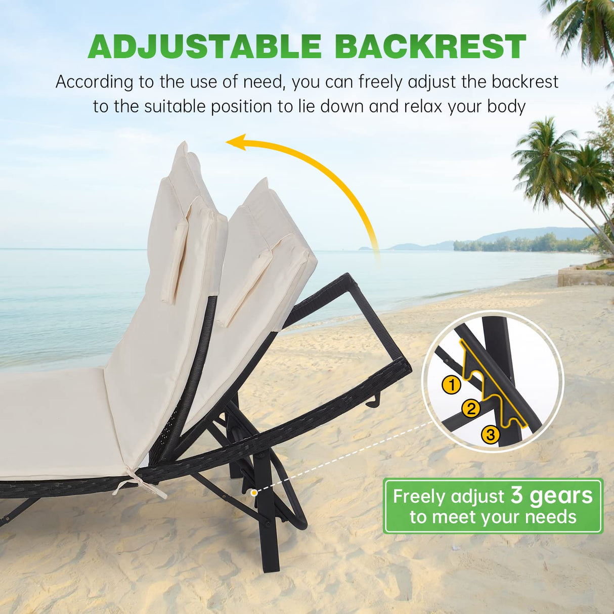 PayLessHere Patio Chaise Lounge Set of 3 Adjustable Back Outdoor Lounge Chair Folding Wicker Recliner Chair 2 Pieces Outside Chairs with Folding Table and Khaki Cushioned for Poolside Deck Lawn Beach PayLessHere