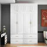 MOUMON 4 Door Wardrobe Closet with 4 Drawers & Shelves, Armoire Wardrobe Closet with Hanging Rod, Top Cube Storage, Closet for Bedroom White and Gold (63”W x 20.6”D x 93.9”H) MOUMON
