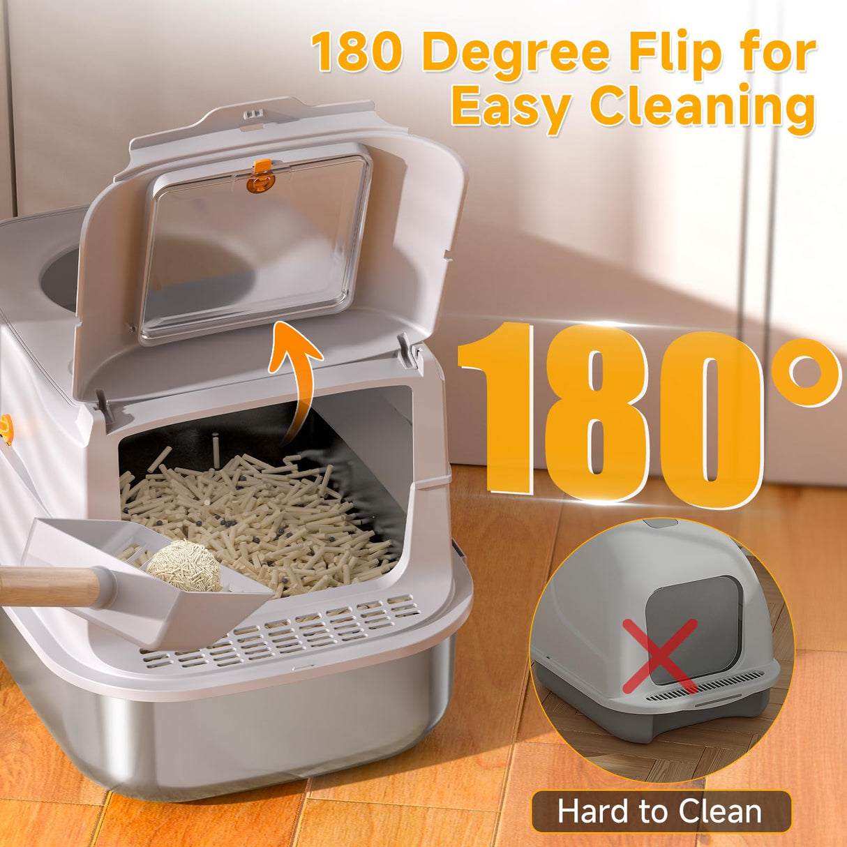 Stainless Steel Cat Litter Box with Lid, XL Extra Large Metal Litter Box for Big Cats, 180° Flip Cover Enclosed Top Entry Litter Boxs with High Sided Enclosure & Scoop, Non-Sticky, Anti-Leakage PIRAIL