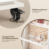 HOOBRO LED Lockable Jewelry Cabinet, Jewelry Organizer on Wheels, Standing Jewelry Armoire, Frameless Full-Length Mirror 4 Storage Shelves Foldable Makeup Tray Jewelry Cabinet Armoire, White WT06JC04 HOOBRO