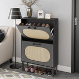 SUNCROWN Shoe Storage Cabinet with 2 Flip Drawers, Freestanding Narrow Shoe Rack Organizer for Entryway with Natural Semi-Circular Rattan Doors, Shoe Shelves,Black SUNCROWN