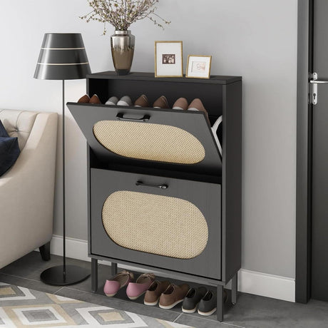 SUNCROWN Shoe Storage Cabinet with 2 Flip Drawers, Freestanding Narrow Shoe Rack Organizer for Entryway with Natural Semi-Circular Rattan Doors, Shoe Shelves,Black SUNCROWN